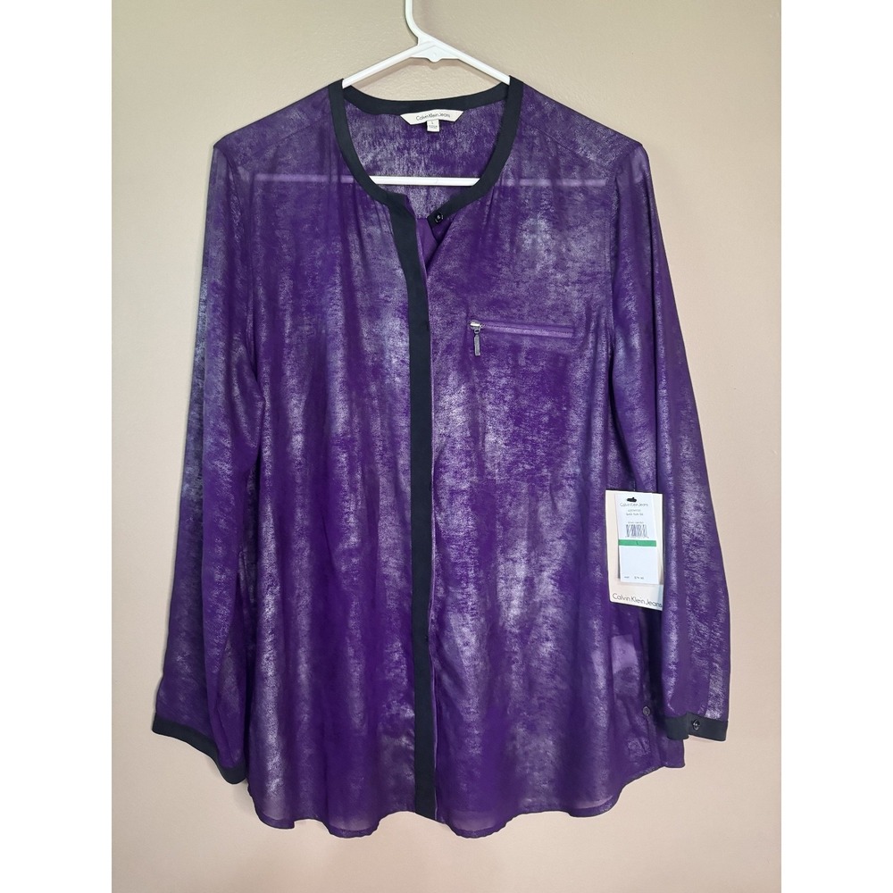 Womens Calvin Klein Purple/Black Sheer Long Sleeve Button Up Size L